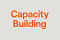 Create an image using the words Capacity Building with the letters in orange with a grey background