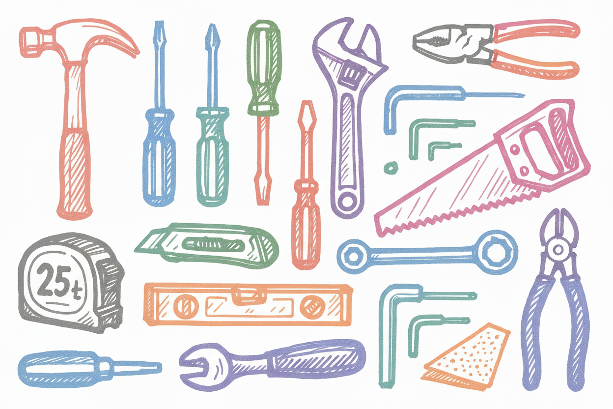 Please can you make the tools look like they have been sketched using different coloured sharpies